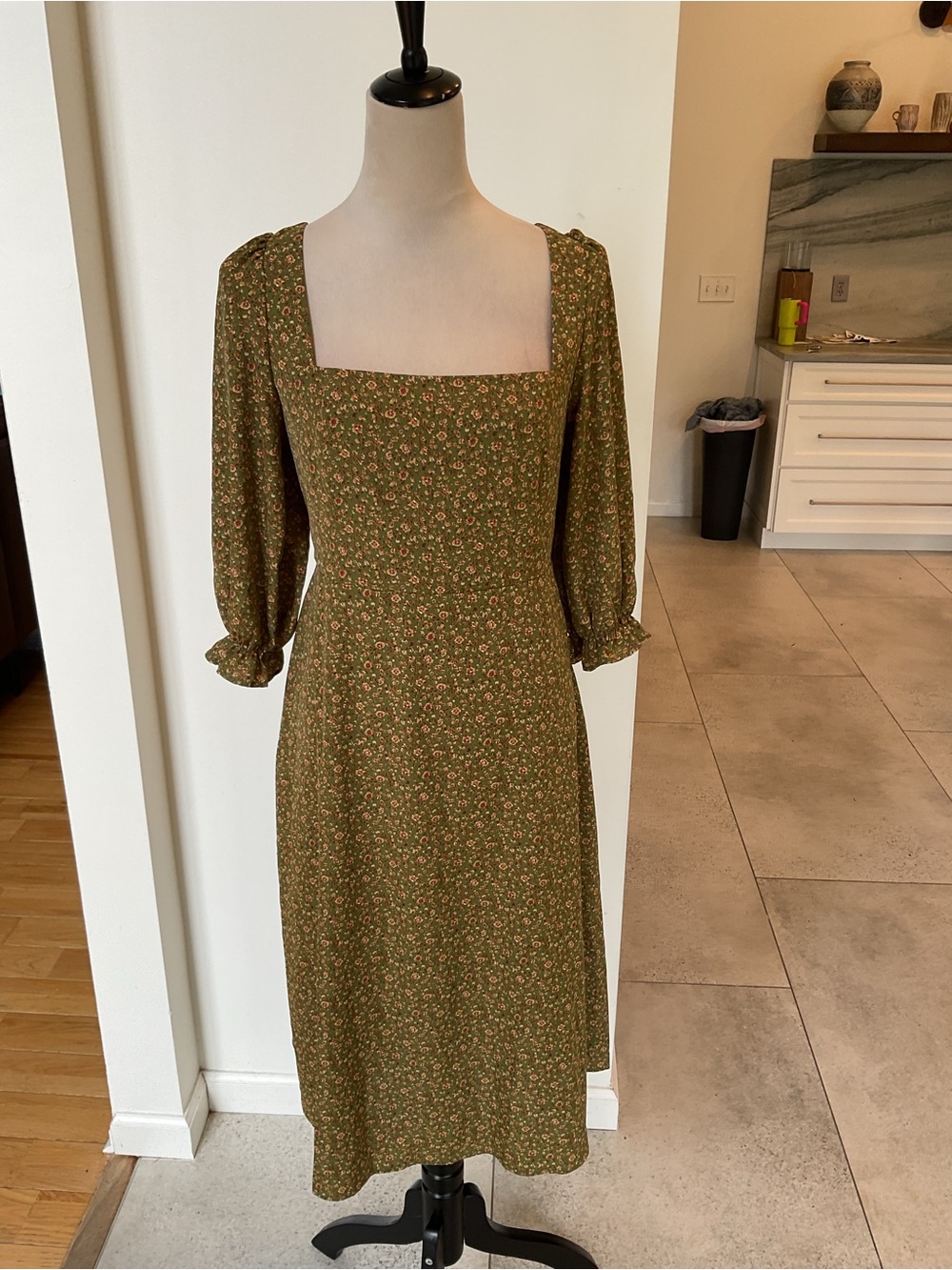 o.p.t Square-Neck Olive Green Floral Midi Dress with Puff Sleeves